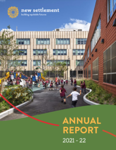 Picture of a school yard with children running, text read Annual Report 2021-22