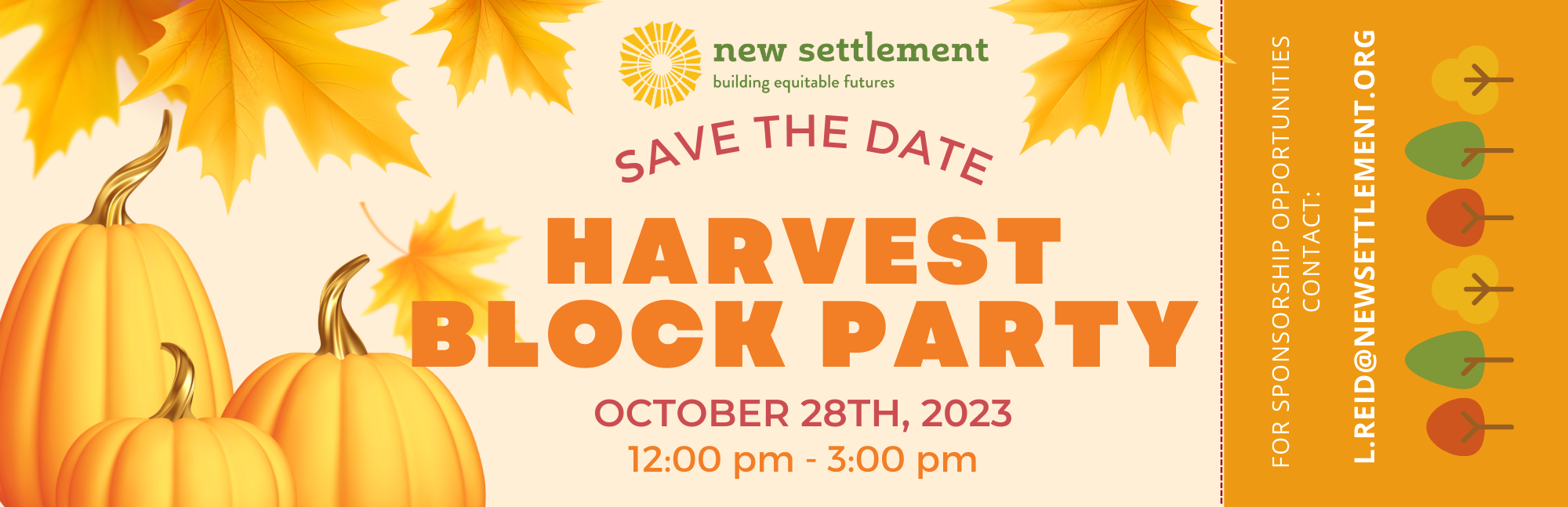 Save the date grpahic with pumpkins for New Settlement Harvest Block Party on 10/28/23 from 12-3pm