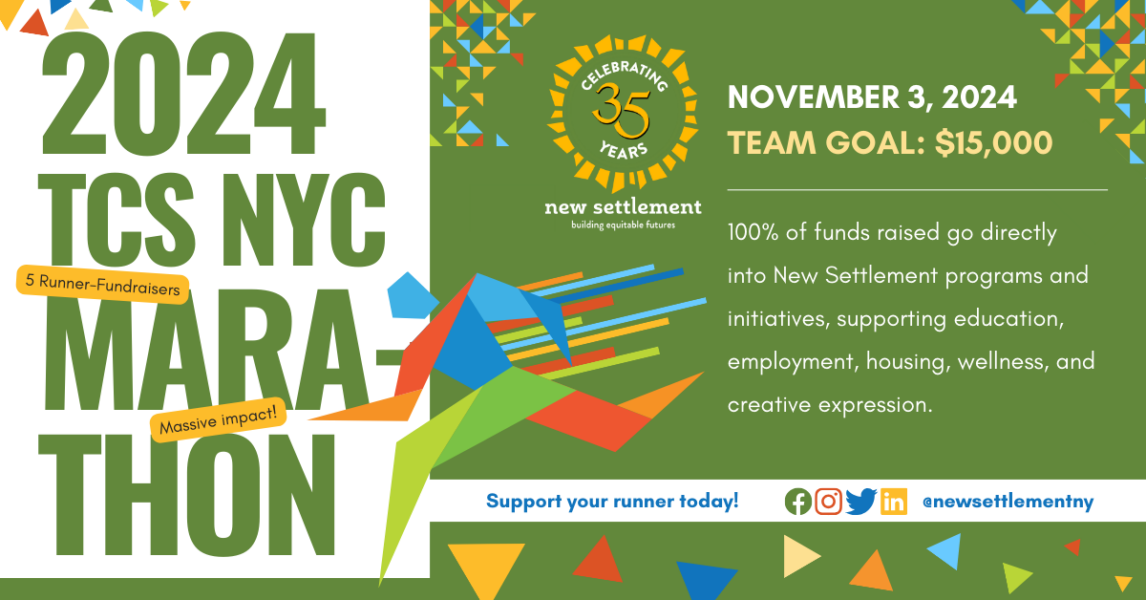 graphic banner image announcing New Settlment's participation as a charity partner in the NYC Marathon.