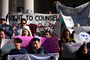 Tenant advocates rallied at City Hall in support of the new Right to Counsel law for housing court, Feb. 24, 2020.